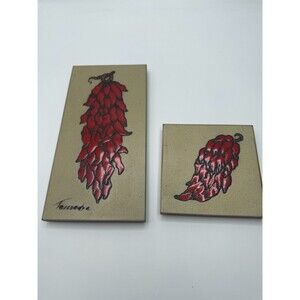 Vintage Cleo Teissedre Ceramic Chili Pepper Tile Trivet Wall Art Set Signed